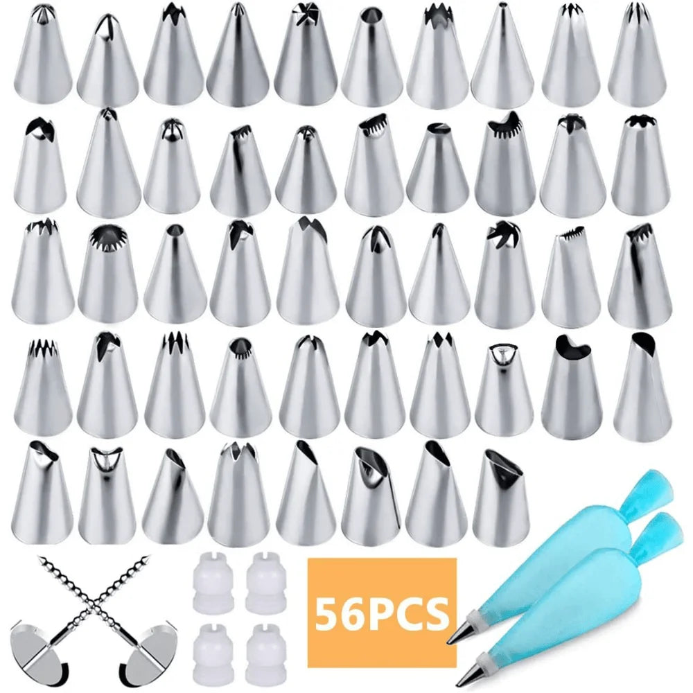 56pcs Piping Bags And Tips Set, Cake Decorating Supplies Kits For Baking With 48 Frosting Icing Tips, 2 Reusable Pastry Bags Qme 56pcs