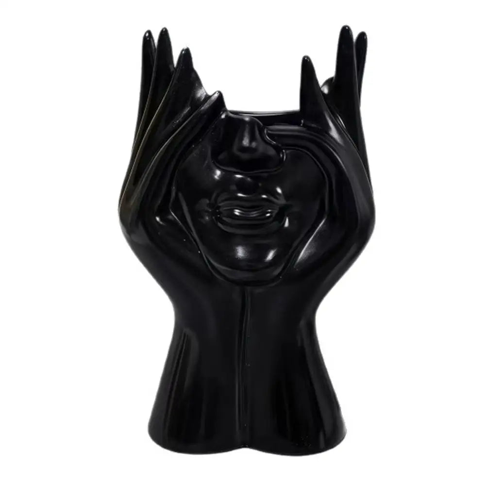Pen Holder & Desk Decor White Abstract Face Sculpture with Hands, Modern Office Desktop Organizer for Pens, Makeup Brushes Qme B