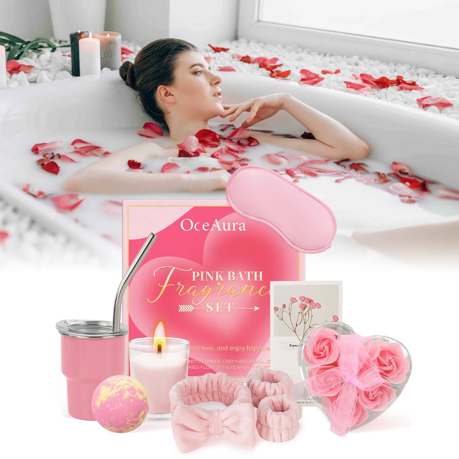 Pink Bath Fragrance Contains Bombs Hair Band Cup Scented Candle Etc Qme