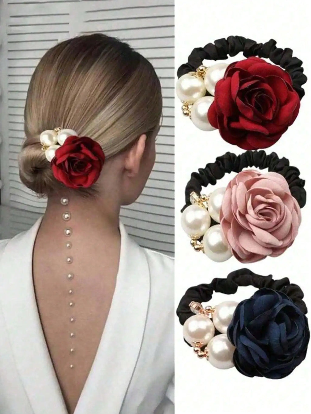 Pearl Rose Flower Hair Accessory Camellia Rope Ring Diamond Studded Qme