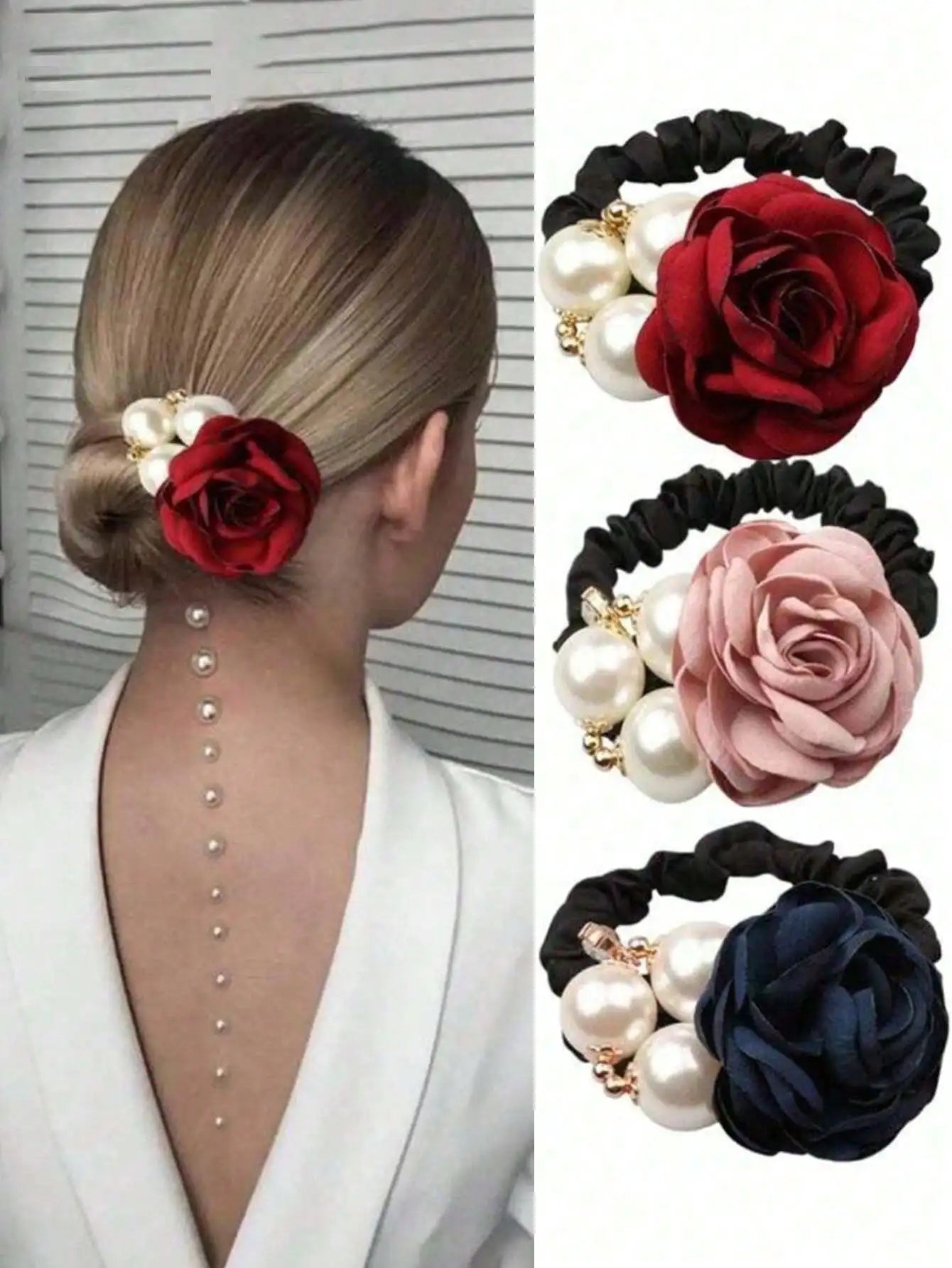 Pearl Rose Flower Hair Accessory Camellia Rope Ring Diamond Studded Qme