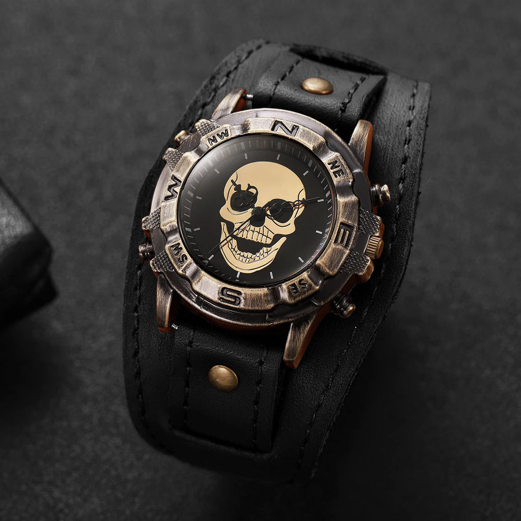 Vintage Skull Men Watch Wide Dark Brown Leather Strap Compass Bezel Punk Style Large Dial Quartz Wristwatch For Male Qme