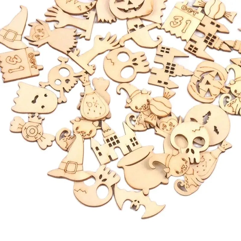 50pcs 3cm Mixed Halloween Ghost Hand/Caslte/Skeleton Wood Slices DIY Scrapbook Craft Party Decor Gift Handmade Accessories c4114 Qme