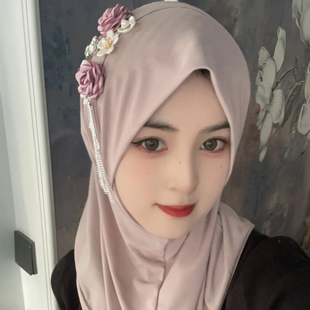 Round Neck Elastic Flower Tassel Hijab Cap Breathable Solid Color Pre-Tied Headscarf Soft Fabric Polyester Head Wrap Home Qme Pink Coffee
