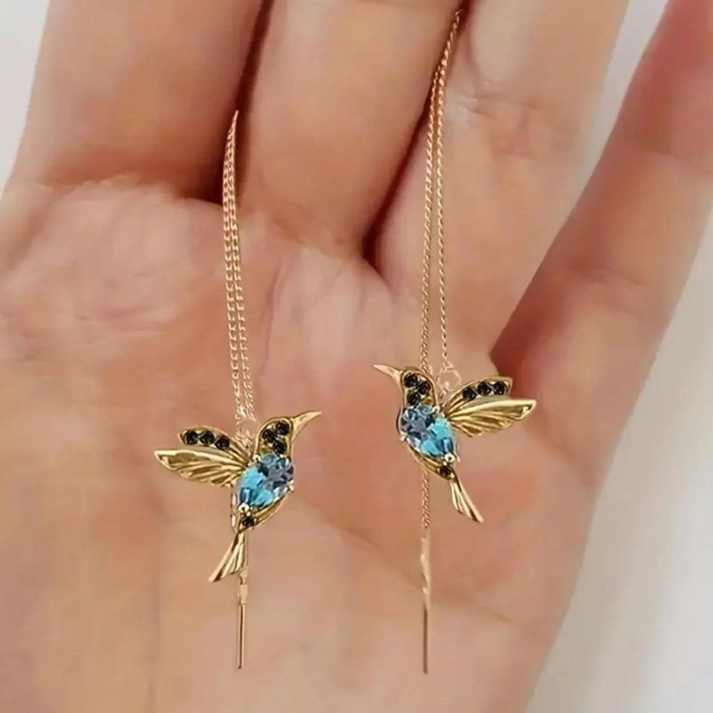 Hummingbird Pull Through Threader Earrings Hummingbird Wing Pendant Necklaces Portable Light Weight Long Chain Drop Earrings Qme