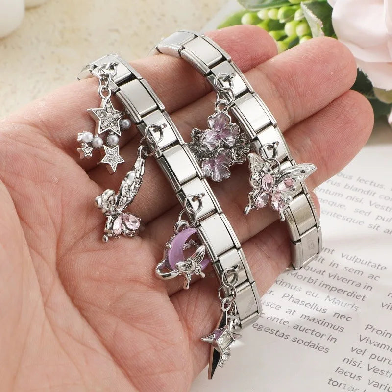 New 2026 Fashion Sweet Pink Moon Star Butterfly Pendant Italian Charm Links Fit 9MM Stainless Steel Bracelet DIY Making Gifts Qme