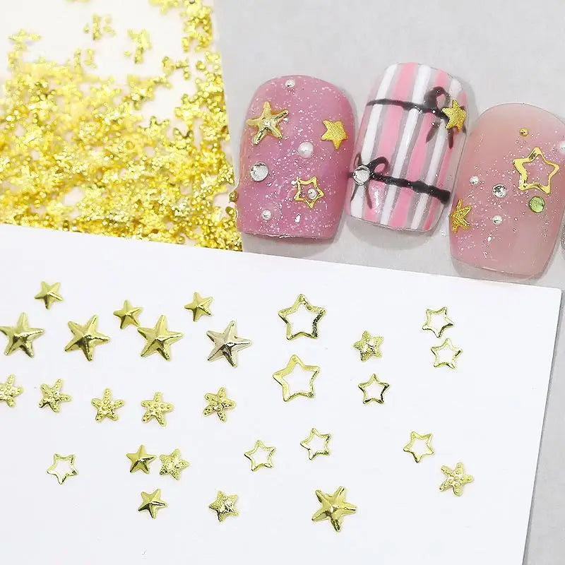 6 Grids Metallic Gold Silver Nail Art Rhinestones Pentagrams Rivet Qme