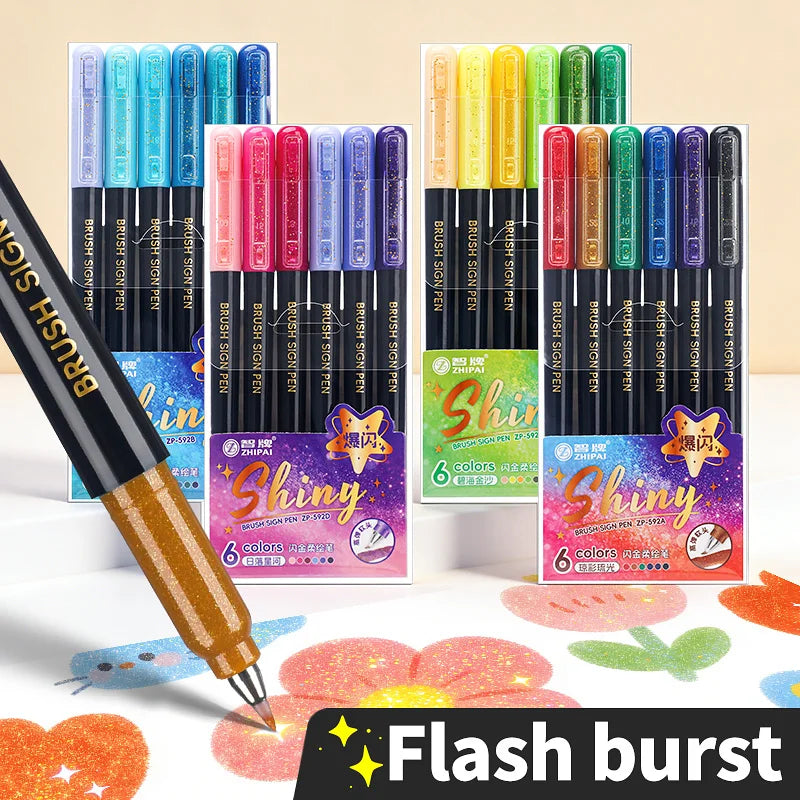 6Pcs Shiny Glitter Calligraphy Markers, Colorful Fluorescent Drawing Pens for DIY Painting Art Craft Stationery Supplies Qme