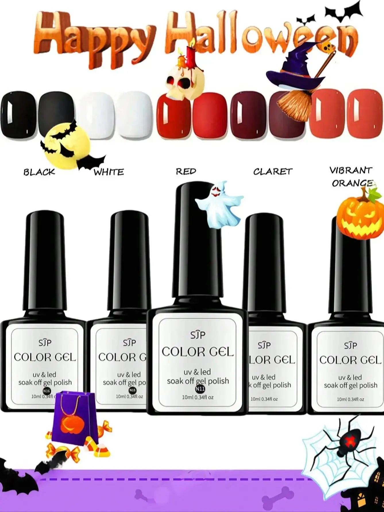 Halloween 5-Color Gel Nail Polish Including Pumpkin Orange White Qme 5 pcs