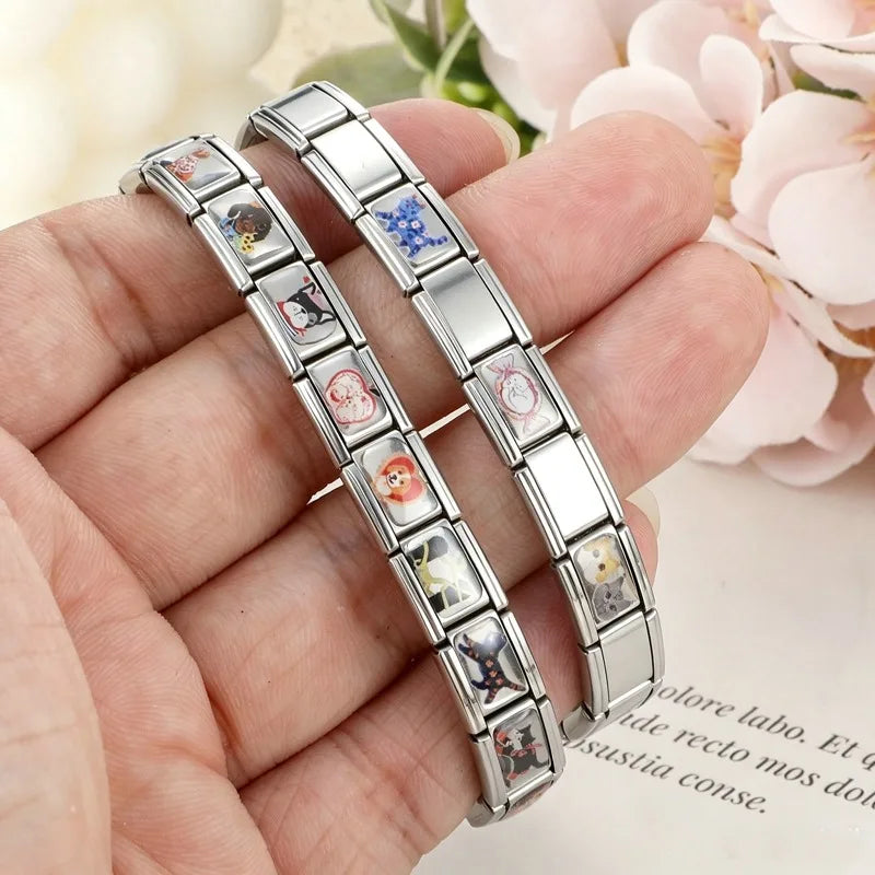 New Design Sweet Pink Candy Cute Cats Apple Rabbits Italian Charm Links Fit 9MM Stainless Steel Bracelet Jewelry DIY Making Gift Qme