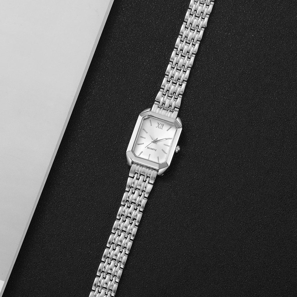 6Pcs/Set Women's Silver Jewelry Watch Set, Square Quartz Watch + 5 Pcs Crystal Bracelets, Elegant Fashion Style Qme