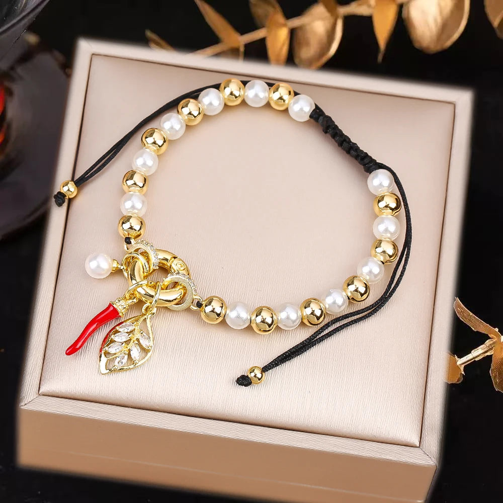 High Quality Pearl Chain Braided Crystal Cherry Adjustable Rope Bracelet Charming For Woman Girl Party Jewelry Gift Daily Wear Qme P