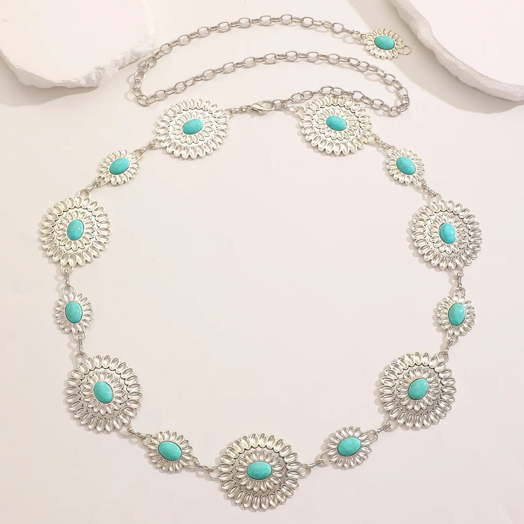 New Bohemian metal waist women's retro ethnic style high-end accessories with skirts waist versatile decorative women Qme SilverDoubleFlowe