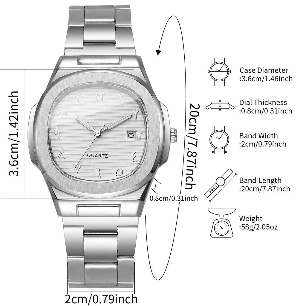 Men's Silver Watch and Ring Combo Set, Black Dial Arabic Numeral Quartz Watch + Cross Ring, Perfect Gift Qme