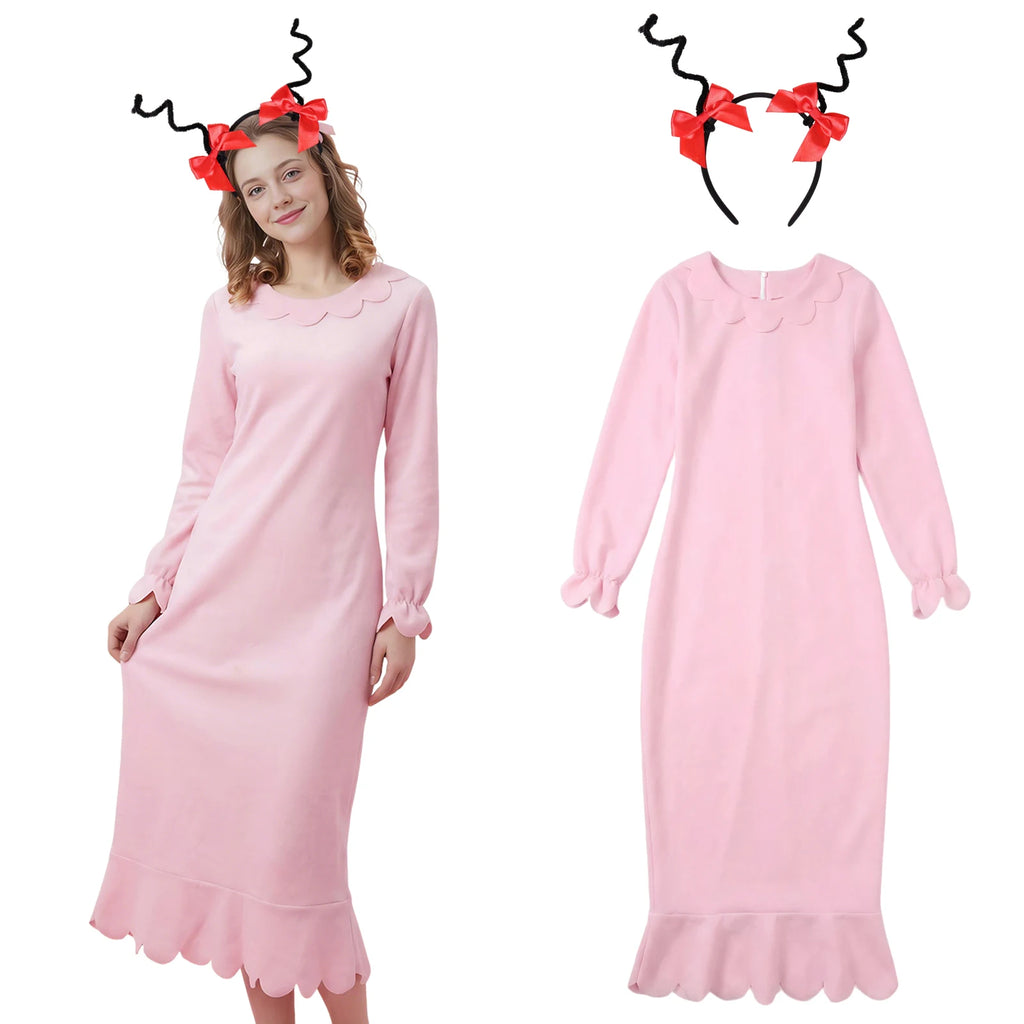 Adult Cindy Lou Who Costume Women Pink Long Sleeve Princess Dress with Headband Christmas Dress Up Nightgowns Outfit Qme Pink M