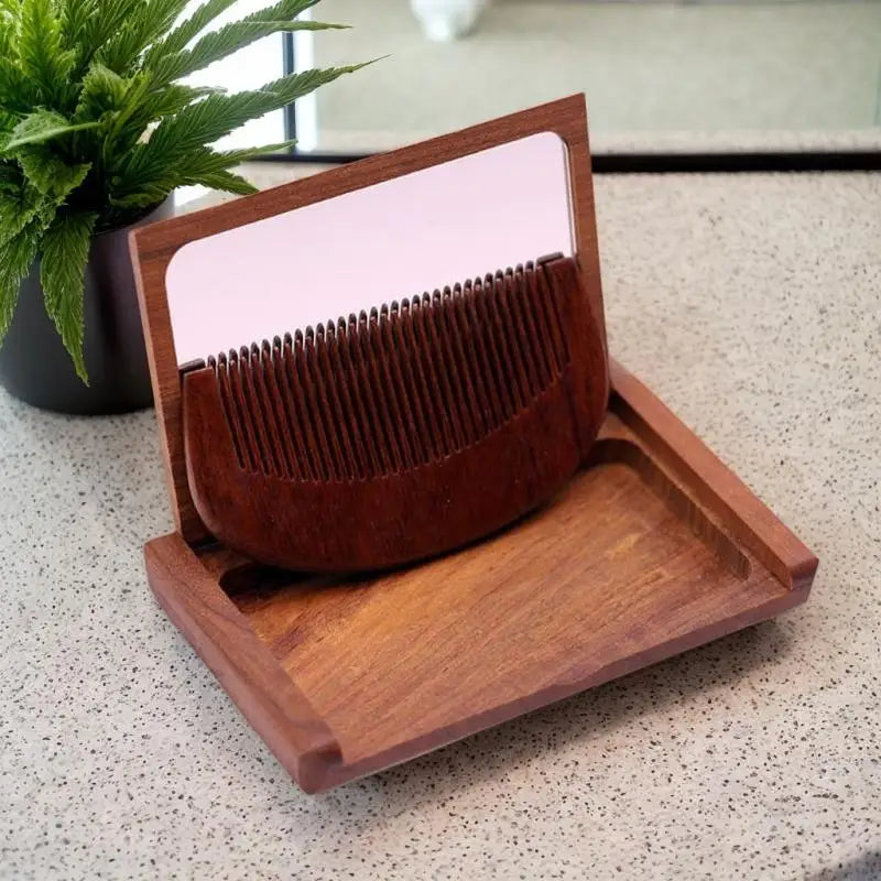 2-in-1 Wooden Comb Mirror Compact Red Sandalwood Folding Travel Home Qme