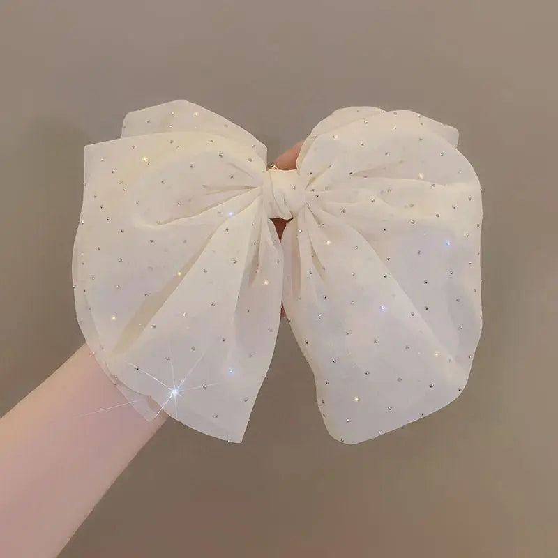 Elegant Temperament Mesh Hair Clip Woman Rhinestone Large Bow Hairpin Qme Beige