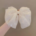 Elegant Temperament Mesh Hair Clip Woman Rhinestone Large Bow Hairpin Qme Beige