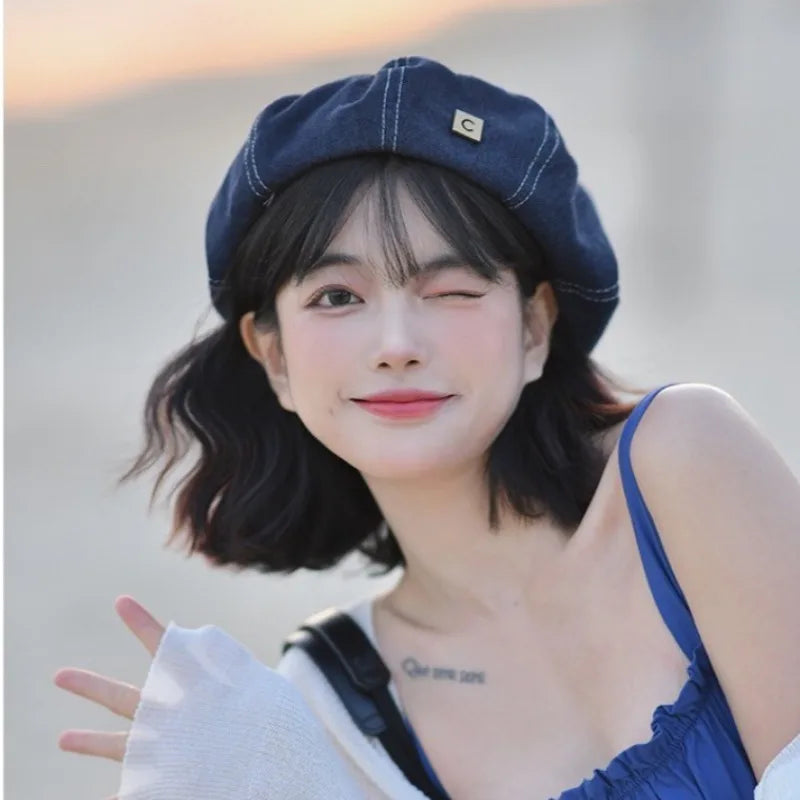 Vintage C-logo Painter's Hat Sweet Student Beret Denim Retro Cap Qme Dark Blue