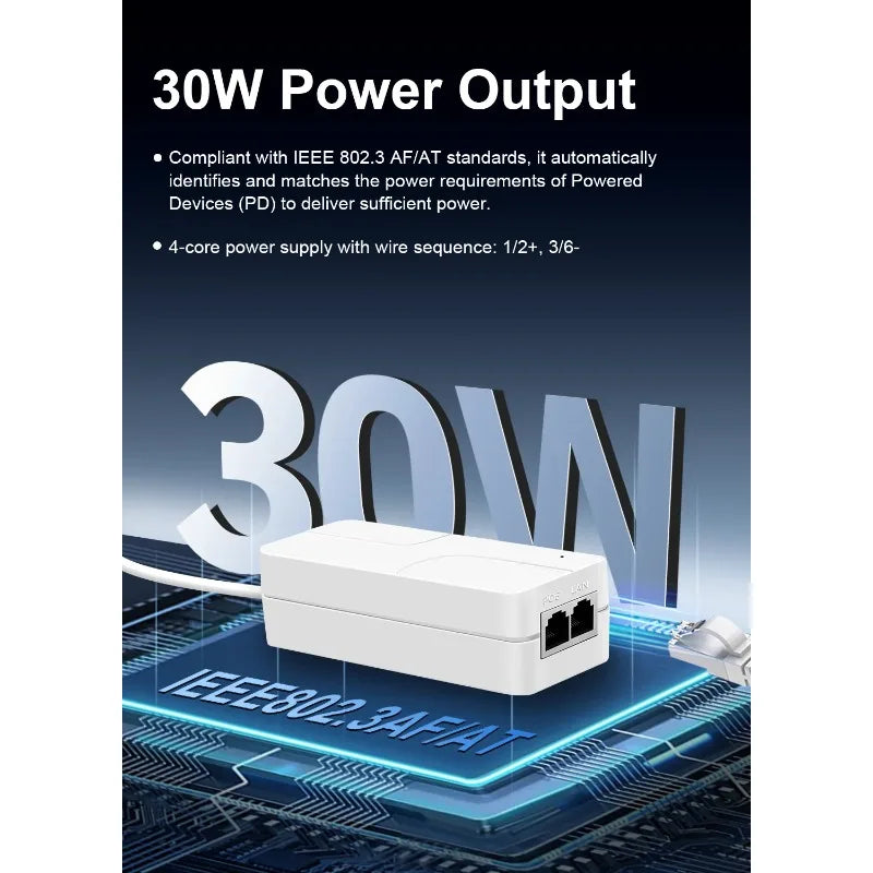 1PCS POE Power Adapter 30W Standard Certified for Switch Camera Monitor Power Supply Qme