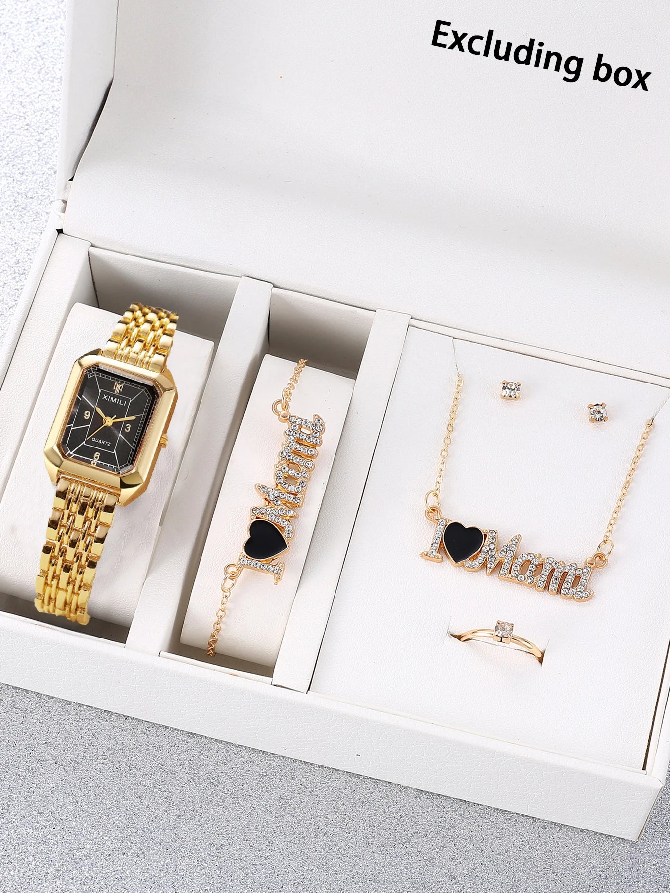 Golden rectangular steel strip quartz women's watch with diamond studded letters necklace bracelet earrings ring Mother's Day Qme black No