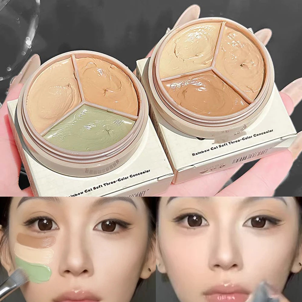 Olive Green 3-Color Concealer Palette Full Coverage Dark Circles Fine Lines Redness Cream Matte Brightening Under-Eye Makeup Qme