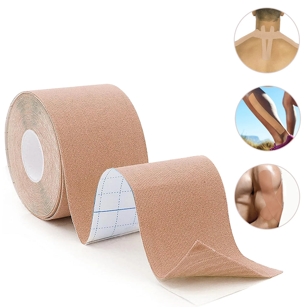 Kinesiology Tape Gym Fitness Bandages Sports Elastic Breathable Cotton Adhesive Tension Injury Boxing Knee Muscle Pain Relief Qme Beige 1PC-5cmX5m