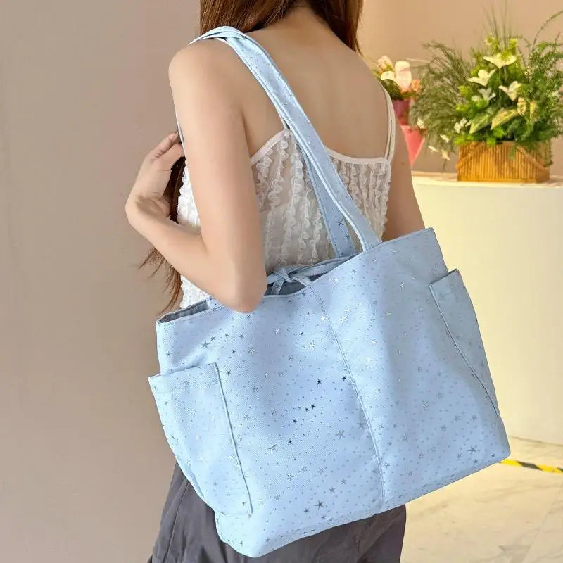 Light Blue Tote Bag With Glitter Star Pattern Bow Decor Multi Pockets For School Shopping Daily Outings Travel Qme
