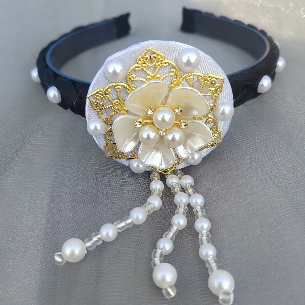 Fashion Flower Korean Headband Pearl Tassels Hanbok Hairband Qme white