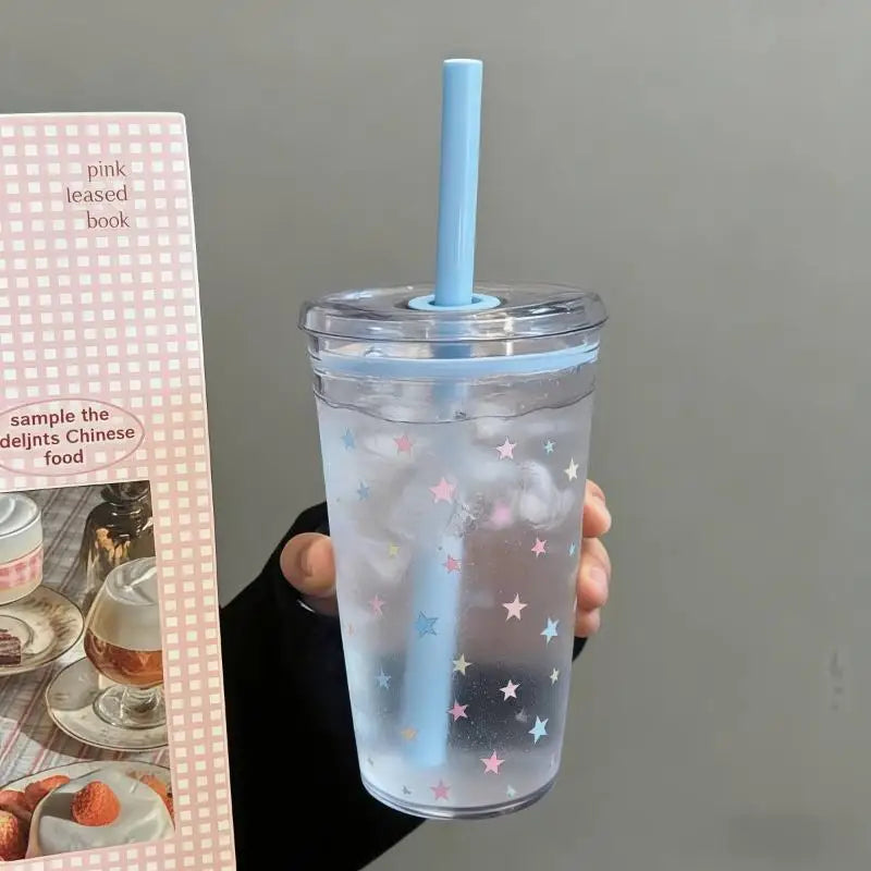 450ml Plastic Straw Cup Tea Coffee Milk Simple Straws Sweet Cute Star Cup Friend Gifts Qme 450ml A2