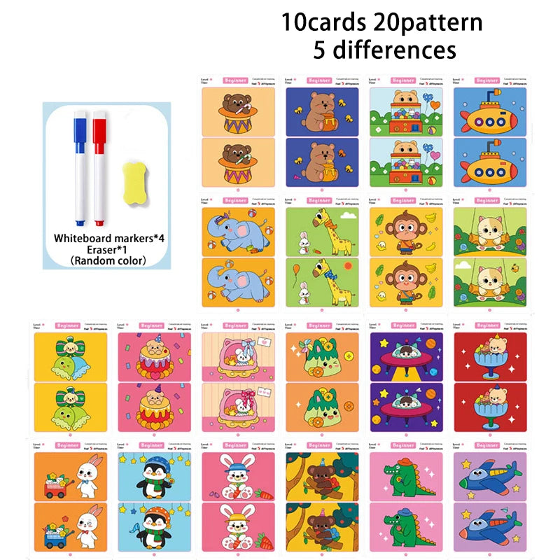 Focus Training Spot the Difference Game Reusable Cards for Training Focus and Concentration,With Erasable Pen,3 modes Qme 20 Pages 5 different