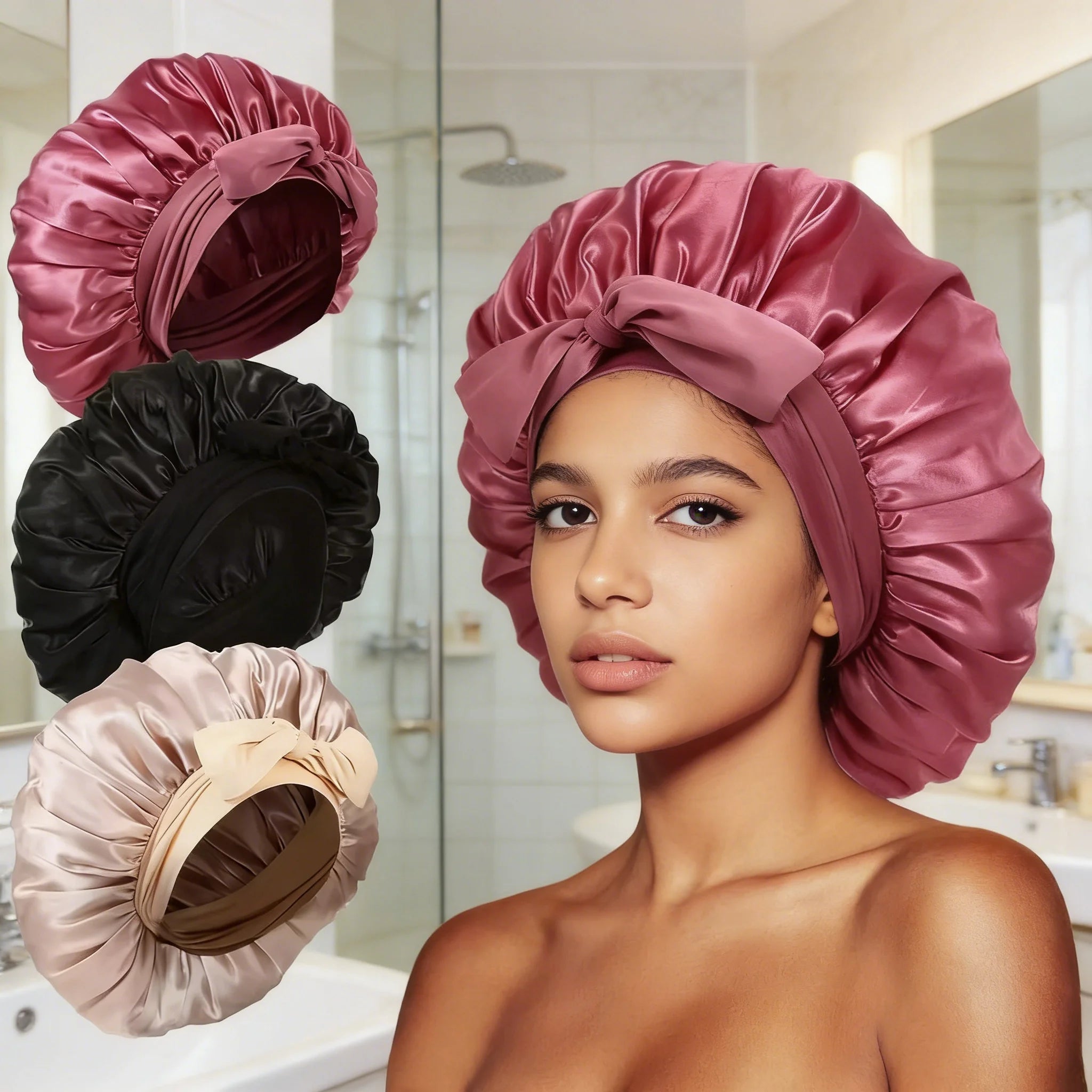 Satin Solid Hair Dye Cap With Stretchy Tie Band Elastic Night Shower Cap Adjustable Hair Head Cover Bonnet Turban For Women Men Qme