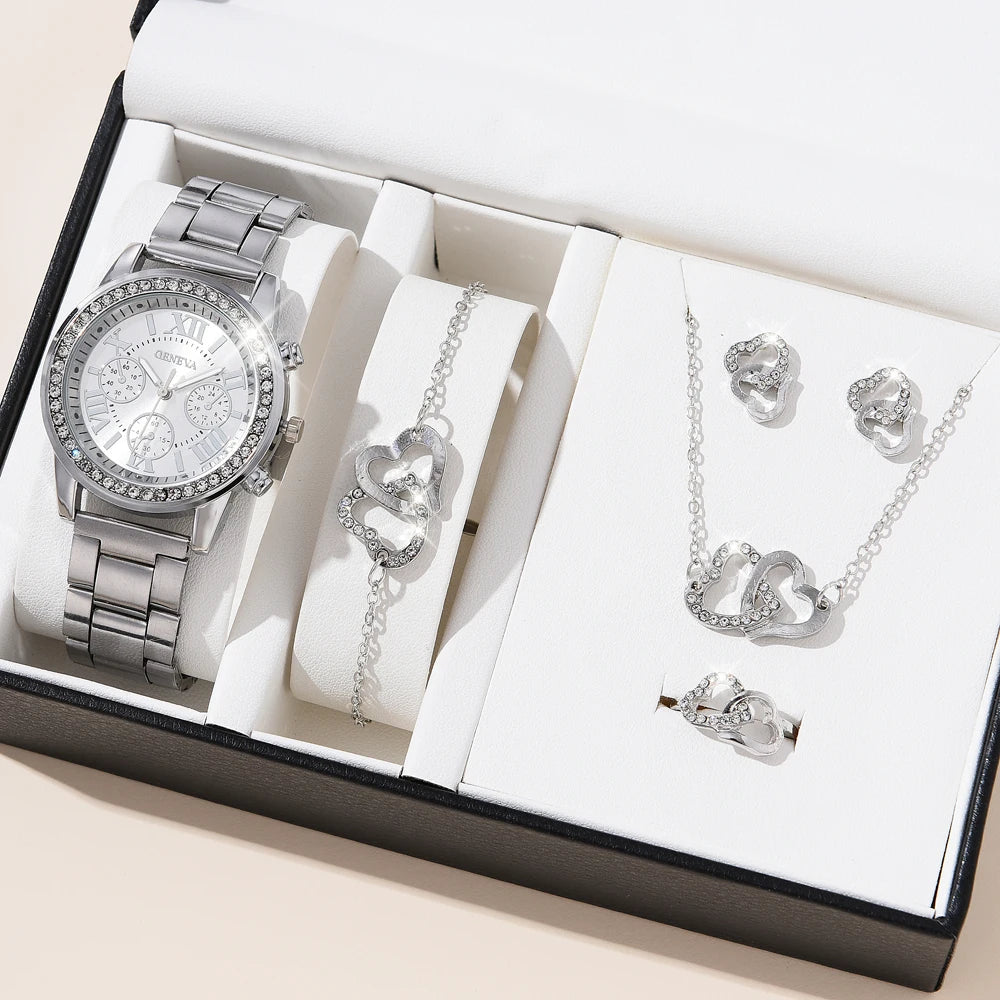 5PCS Quartz Watch Set Women Fashion Silver Round 3 Eyes Alloy Strap Wristwatch Gift Rhinestone Watch For Women Jewelry Set Qme 11