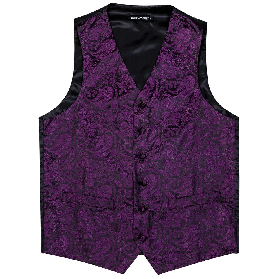 Men's Purple Green Vest & Tie Hanky Cufflinks Set – Formal Paisley Plaids Waistcoat for Weddings Events Party Gift Qme
