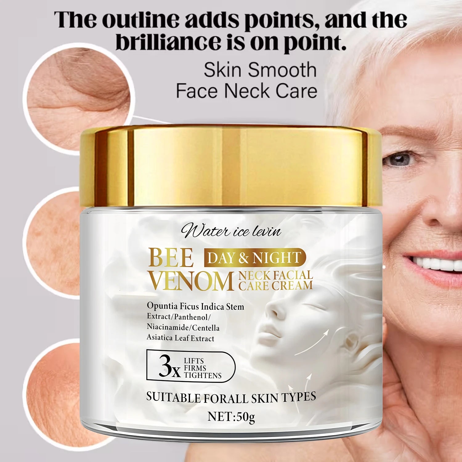 Bee Venom Neck & Facial Care Cream for Efficient Firming & Repair, with Collagen & Hyaluronic Acid. Qme