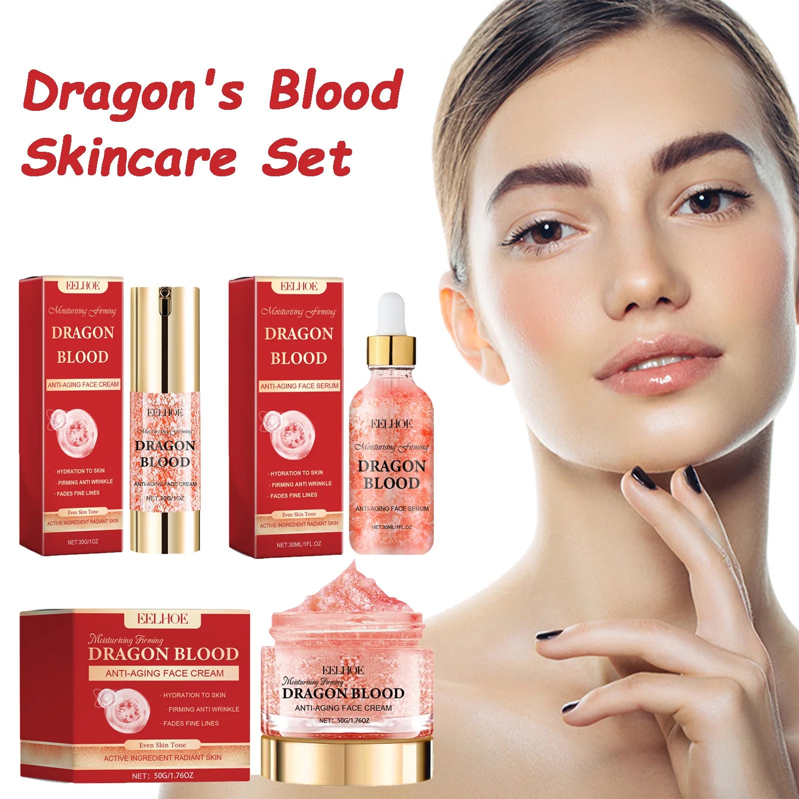Dragon's Blood Skincare Set Anti-Aging Face Serum & Creams Reduce Wrinkles Firming Smoothing Hydrating Brightening Face SkinCare Qme