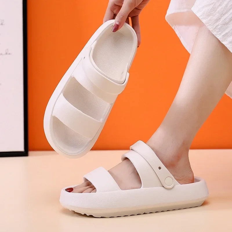 Summer Thick Platform Slippers Double Row Couple Flat Sandals Outside EVA Men Soft Beach Thick Sole Non-slip Indoor Shoes Qme MS 36-37