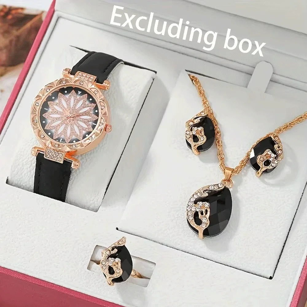 5Pcs/Set Watches Jewelry Set 1 Pcs Of Round Hand Quartz Watch And 4 Pcs Of Jewelry Fancy Women Watches Jewelry Sophisticated Qme black No