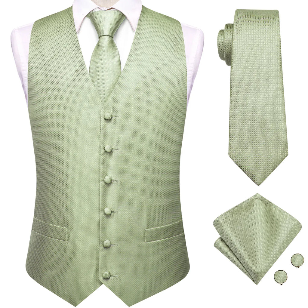 Sage Green Solid Floral Mens Suit Vests Woven Blue Waistcoat Tie Qme MJ-3232 S