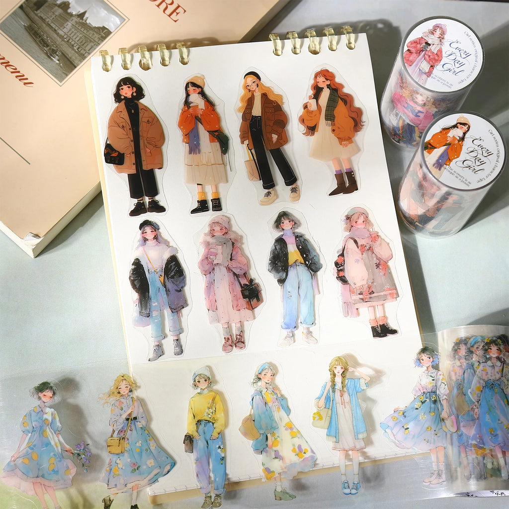 1 Roll Fashion Girl Stickers 4 Seasons Outfit DIY Scrapbook Journal Washi Tape for Phone Case Notebook Decoration Cute Stationer Qme