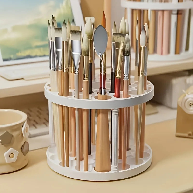 360° Rotating Brush Holder - White Plastic Organizer with Glaze Finish, Space-Saving Design for Art Brushes, Pens, Makeup Tools Qme