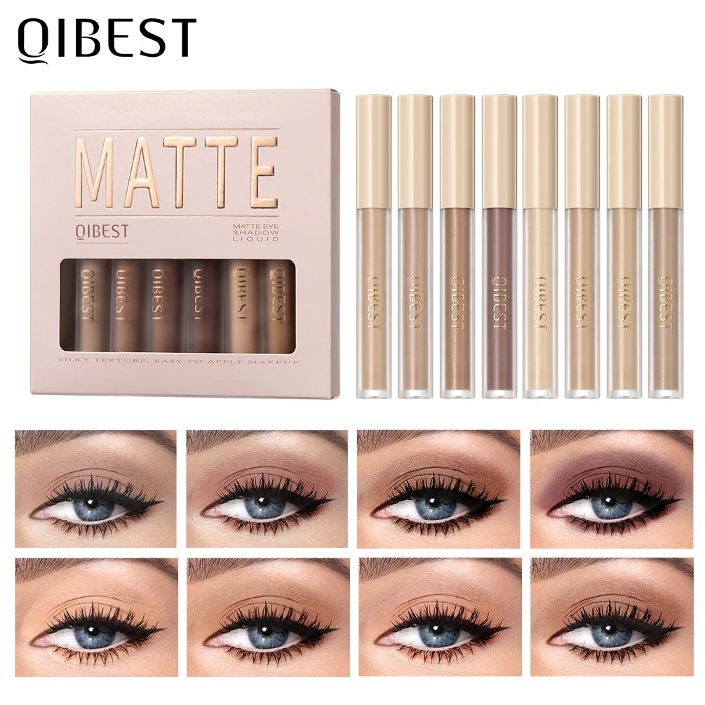 QIBEST 8 Colors Matte Liquid Eyeshadow Set Waterproof Long Lasting Eye Shadow Nude Brown Eye Pigment Makeup For Women Contouring Qme Set D