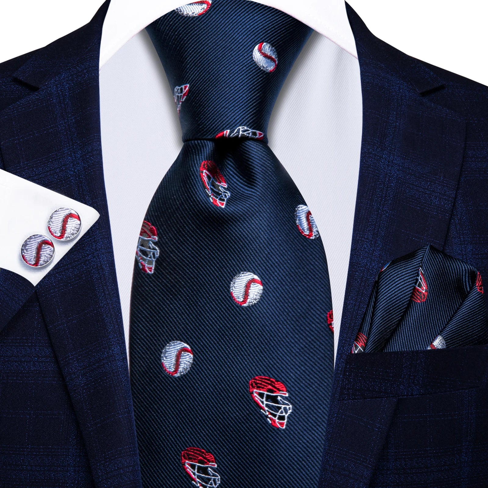 Hi-tie Navy Blue Fashion Mens Elegant Tie Handkerchief Cufflinks Qme HT-N-0016