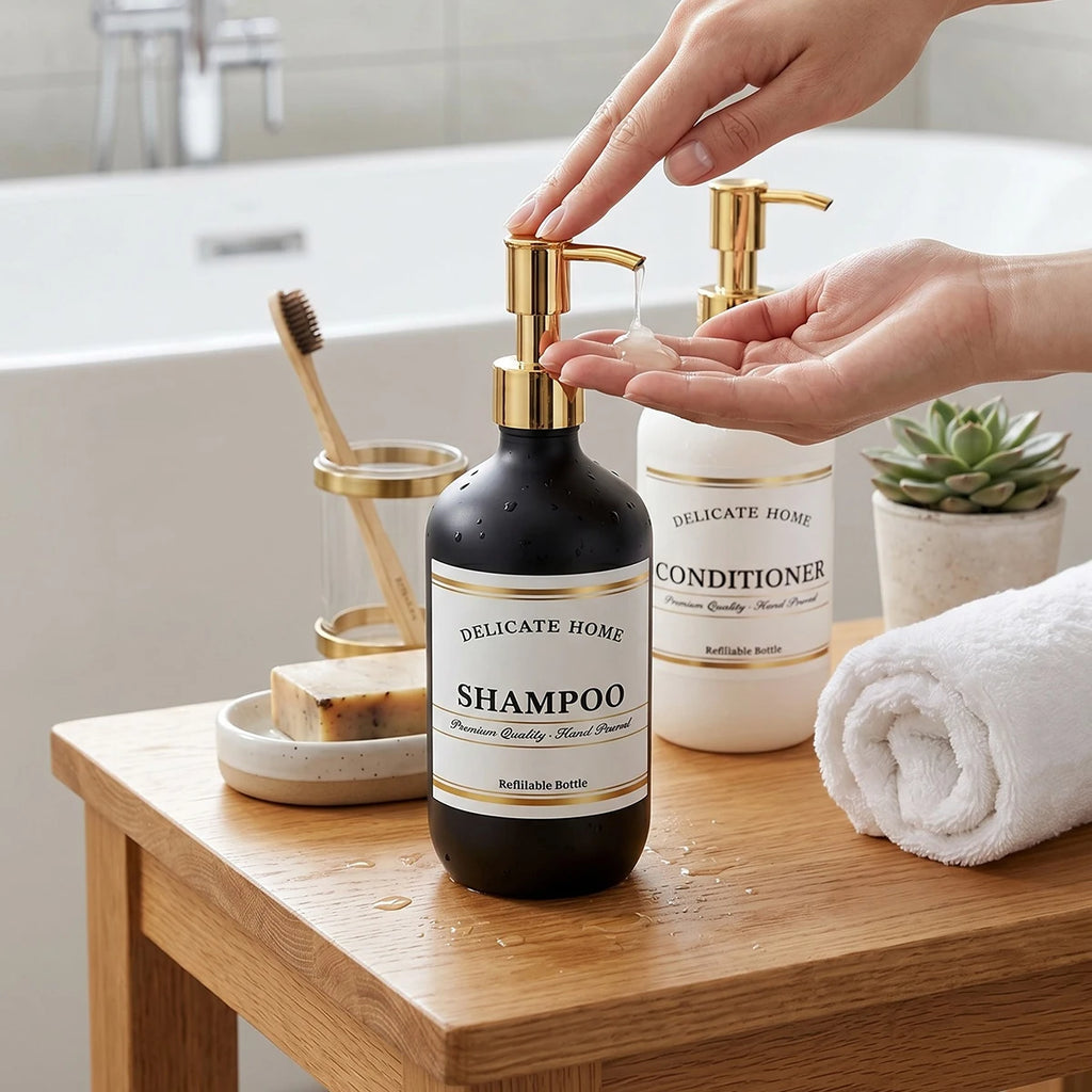 Set of 5 Refillable Shampoo Bottles 500ml Black White Plastic Shower Dispensers for Conditioner Body Wash Lotion Hand Soap Qme