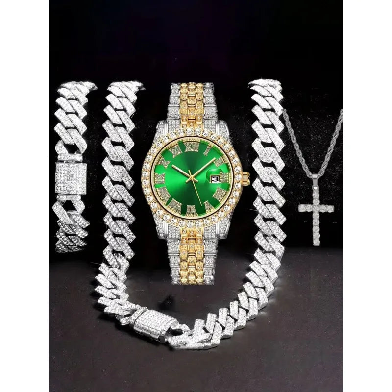 4-in-1 Hip Hop Jewelry Set for Men, Two-tone Iced Out Watch + Cuban Link Chain + Bracelet + Cross Necklace, Gold Silver Tone Qme Gold