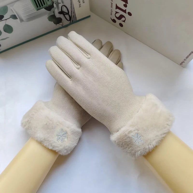 Autumn Winter Warm Suede Gloves Velvet Thickened Plush Decor Cuff Qme Beige