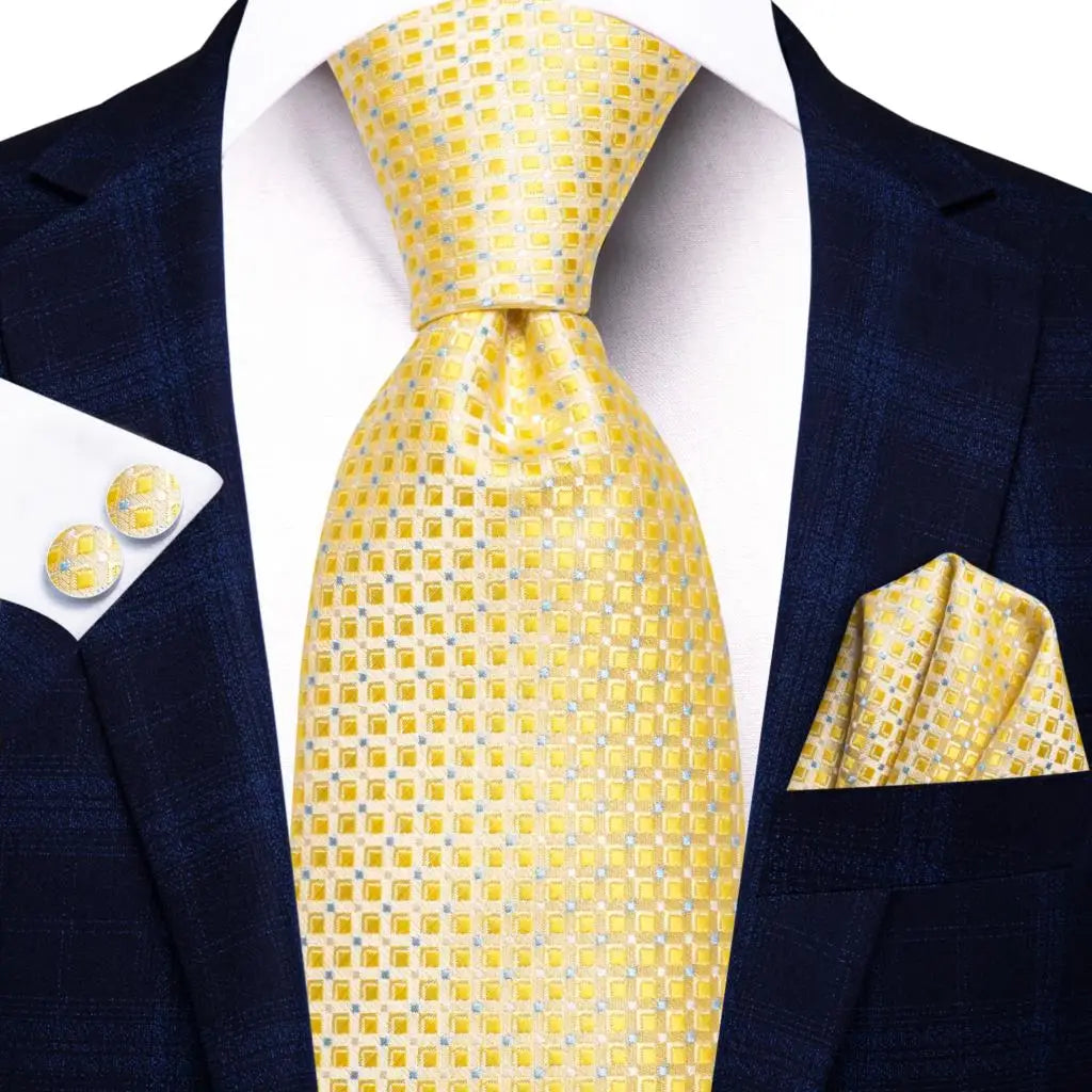 Designer Gold Solid Wedding Tie Men Handky Cufflink Striped Plaid