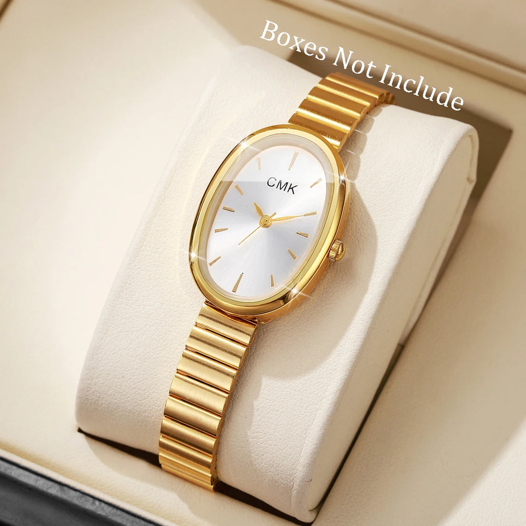 Luxury Bamboo-Strapped Oval Dial Women's Watch with Niche High-End Feel and Light Luxury Forest Student Style Qme Gold White No Box