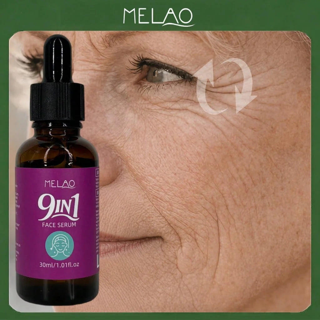 MELAO 9 IN 1 Anti Aging Face Serum with Hyaluronic Acid & Vitamin C, Reduces Wrinkles, Dark Spots & Pores, Brightens Firms Skin Qme