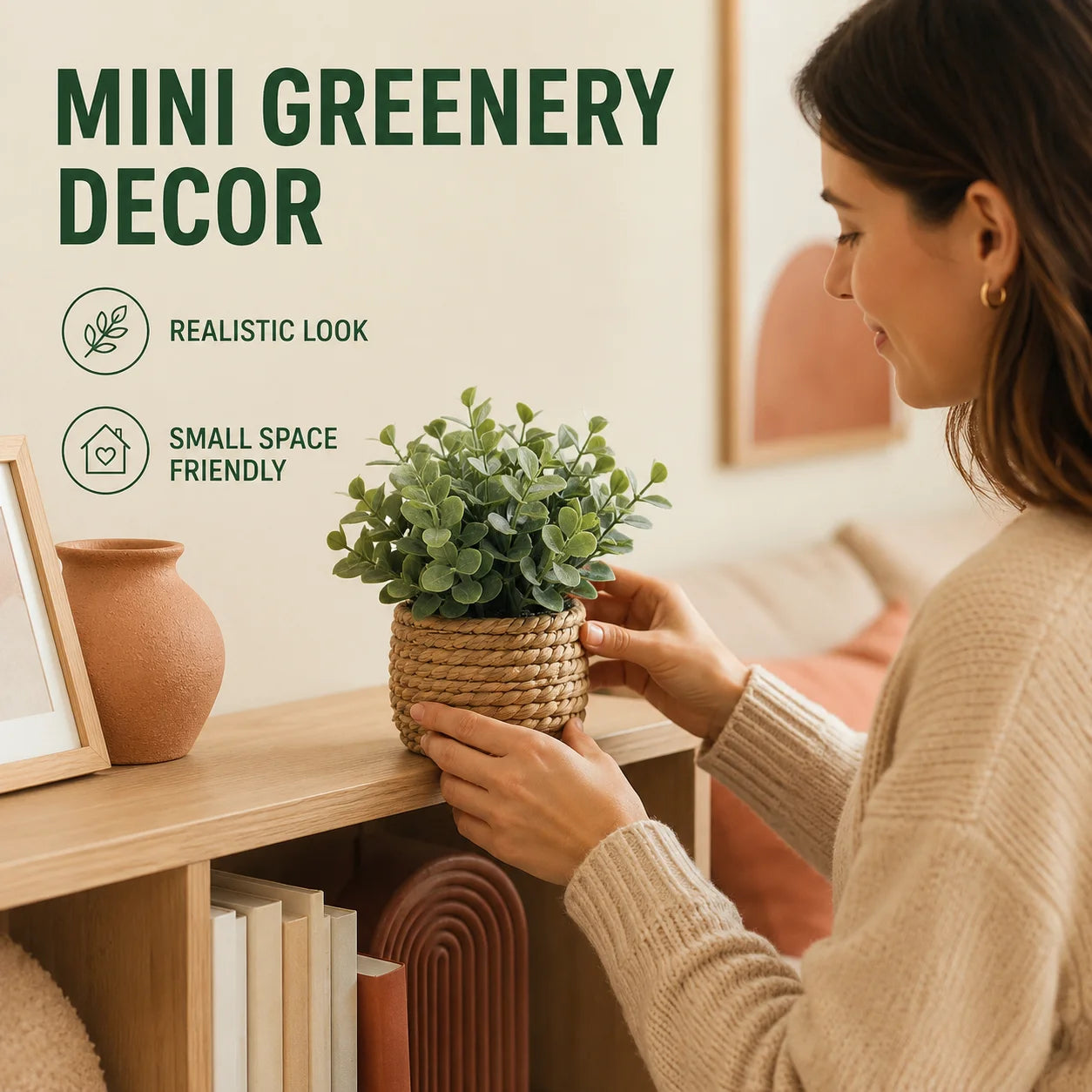 Mini PE Artificial Eucalyptus Plant Green Fake Potted Grass With Woven Pot Home Office Desktop Party Decor Holiday Gift Qme